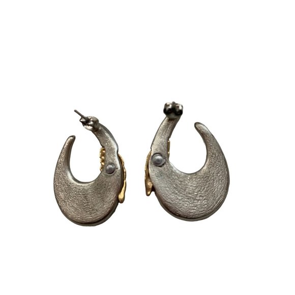 Vintage Retro 80s Oval Pierced Earrings Two-Tone Brushed Silver & Gold Tone - Picture 6 of 6